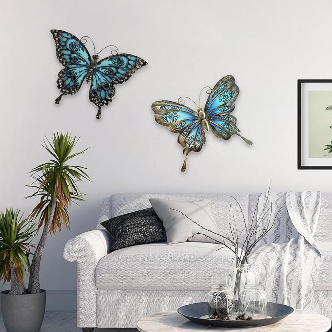 LIFFY Metal Butterfly Wall Decor,2Pack 12" Hanging Glass Butterfly Outdoor Decor,Garden Decorative Ornaments Outside for Home,Yard,Fence,Patio