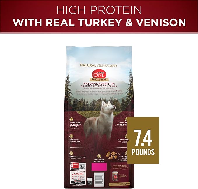 Purina ONE True Instinct Dry Dog Food, Real Turkey & Venison, 7.4 lb Bag | Nutrient dense, with 30% protein to help support strong muscles, natural with added vitamins, minerals and nutrients