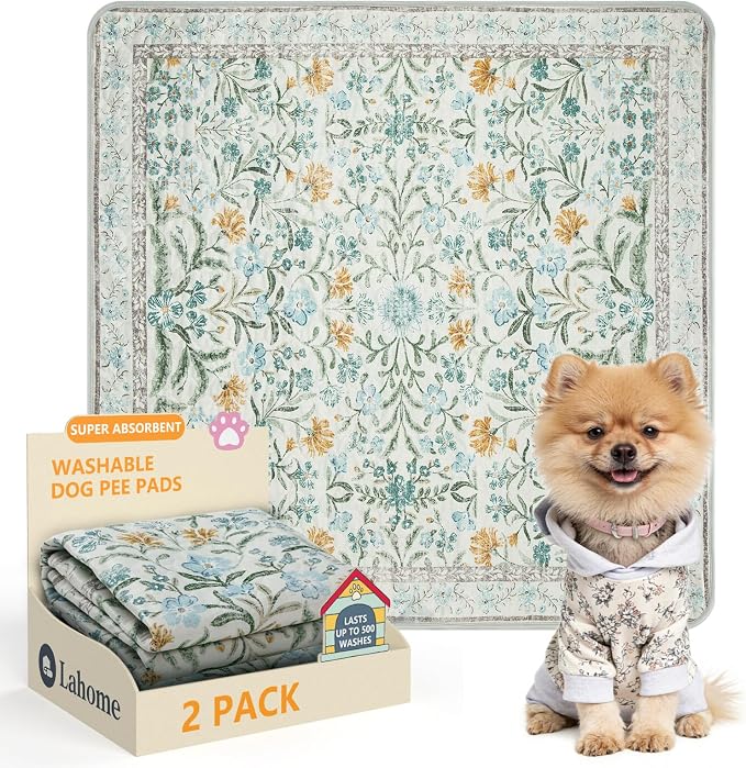 Lahome Botanical Washable Reusable Pee Pads for Dogs, 2 Pack, Beige, 36x36 | Super absorbent, waterproof training mats with leakproof non-slip backing; suitable for potty training, crates and floors.