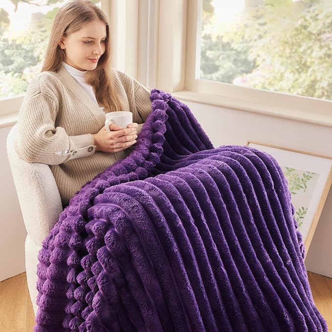 NEWCOSPLAY Fleece Ribbed Cozy Throw Blanket for Couch, Purple, 50"x60" | Premium Silky Flannel Blanket, Soft Lightweight Fluffy Throw Blanket for Bed Sofa Decor, Gift for All Season Use