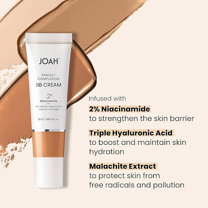 JOAH Beauty Perfecting BB Cream with Hyaluronic Acid and Niaciminade, Korean Makeup with Medium Buildable Coverage, Evens Skin Tone, Lightweight, Semi Matte Finish, Fair with Warm Undertones