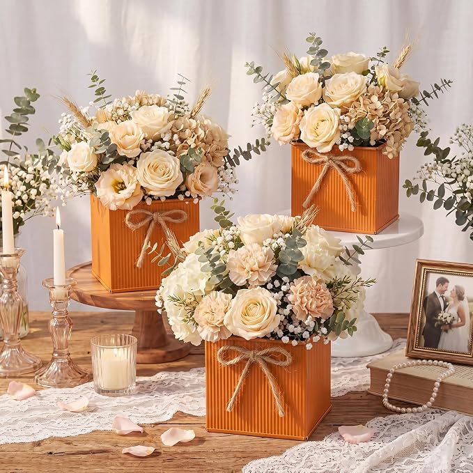 12 Pack Galvanized Square Vases with Floral Foam, 3.5 inch Waterproof Rustic Tin Buckets with Twine Bows, Mini Farmhouse Metal Planter Centerpieces for Wedding Party Table Decor(Orange)
