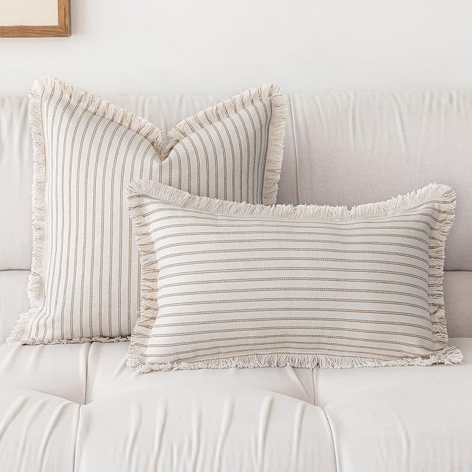 YEENAASY Throw Pillow Covers 24x24 Boho Striped Pillow Cases with Tassel | Set of 2 Fringe Pillow Cover Farmhouse Cushion Covers Neutral Pillows Decorative Square Pillowcase for Couch Sofa Bed, Khaki