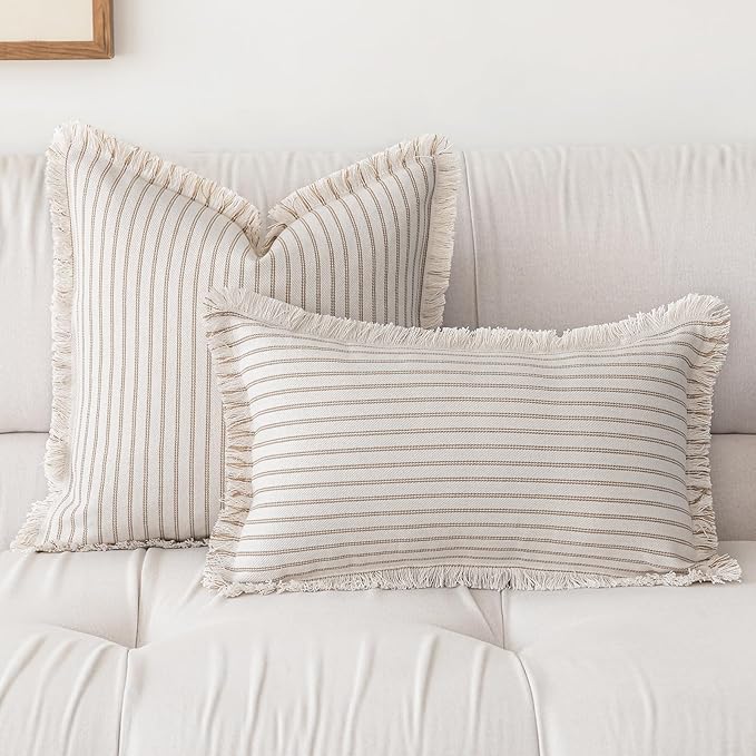 YEENAASY Throw Pillow Covers 18x18 Boho Striped Pillow Cases with Tassel | Set of 2 Fringe Pillow Cover Farmhouse Cushion Covers Neutral Pillows Decorative Square Pillowcase for Couch Sofa Bed, Khaki