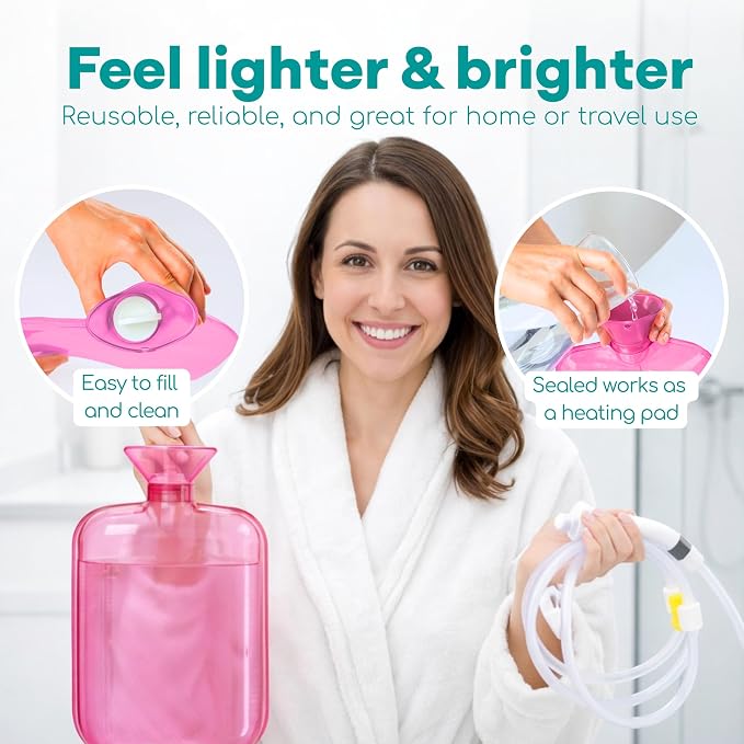 Medi Grade Enema Kit for Adults, 2L Capacity - Pink Transparent, Hands-Free with One-Way Valve, 4 Tips, Enema Bag - Enemas for Colon Cleanse for Women and Men - Coffee Enema & Colon Cleansing