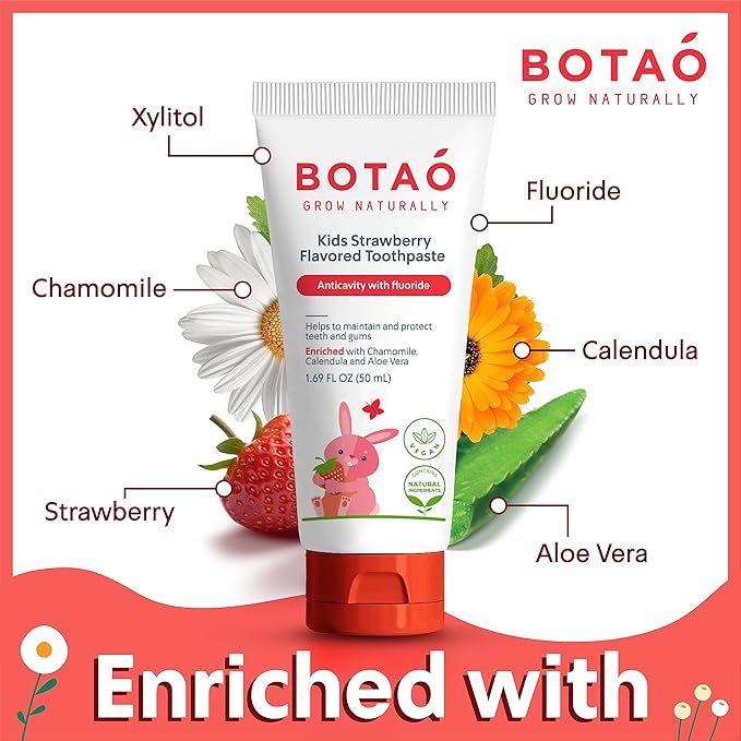 BOTAO Kids Toothpaste | Natural Strawberry Flavored Anticavity Fluoride Toothpaste Maximum Cavity Protection| EWG Verified, Vegan, SLS Free, Safe to Swallow, Aloe Vera (3Pack)