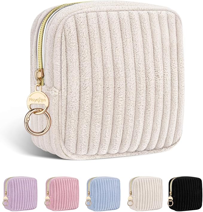 Period Bag for Teen Girls, Fluffy Corduroy Sanitary Napkin Storage Bag, Cute Menstrual Pad PouchTampon Holder for Purse (Beige)