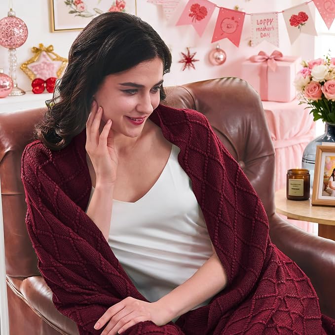 inhand Claret Knitted Throw Blanket for Couch and Bed, 60"x80" | Gifts for Mom from Daughter Son, Soft Lightweight with Tassel, Farmhouse Warm Decorative Blanket for Women, Cozy Knit