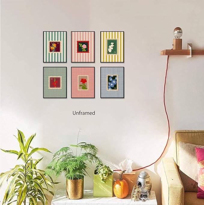Coquette Pink Floral Posters Wall Art Set of 6, Colorful Stripes and Checks Flower Canvas Wall Decor Painting, Florals Stamp Artwork Posters Pictures for Girls Room Bedroom Dorm 12x16 Inch Unframed