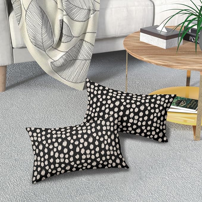 Black Cream Dots Lumbar Pillow Covers 12x20 Set of 2 Boho Design Polka Dot Print Throw Pillows Modern Outdoor Decorative Pillowcase Rectangle Linen Cushion Cases Decor for Sofa Couch Bed