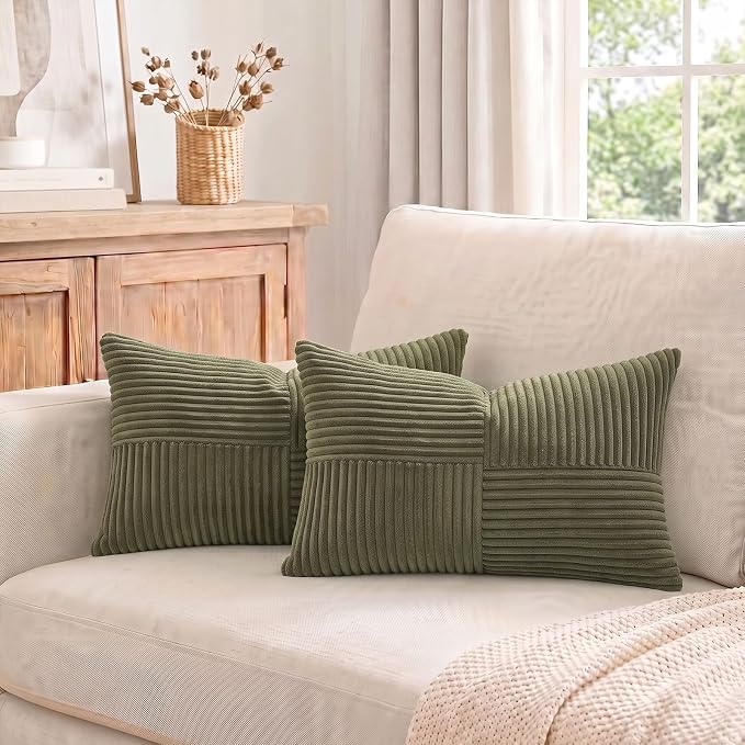 Fancy Homi 2 Packs Olive Green Lumbar Decorative Throw Pillow Covers 16x32 Inch for Living Room Couch Bed, Farmhouse Boho Home Decor, Soft Striped Corduroy Rectangle Accent Cushion Case 40x80 cm