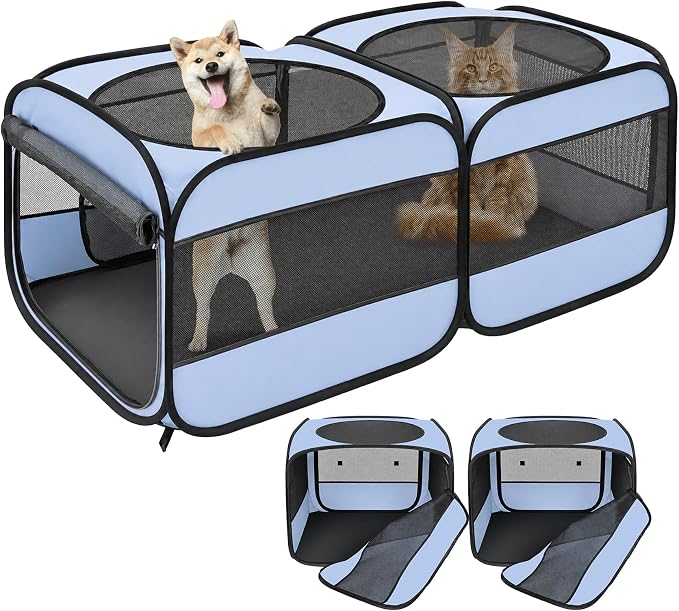 2-in-1 Pop Up Cat Playpen, Detachable into 2 Separate Pens with Additional Doors, Assembly-Free Portable Dog Crates Pet Pen Tent Kennel Kitten Puppy Enclosure Cage Indoor Outdoor Foldable Condo(M)