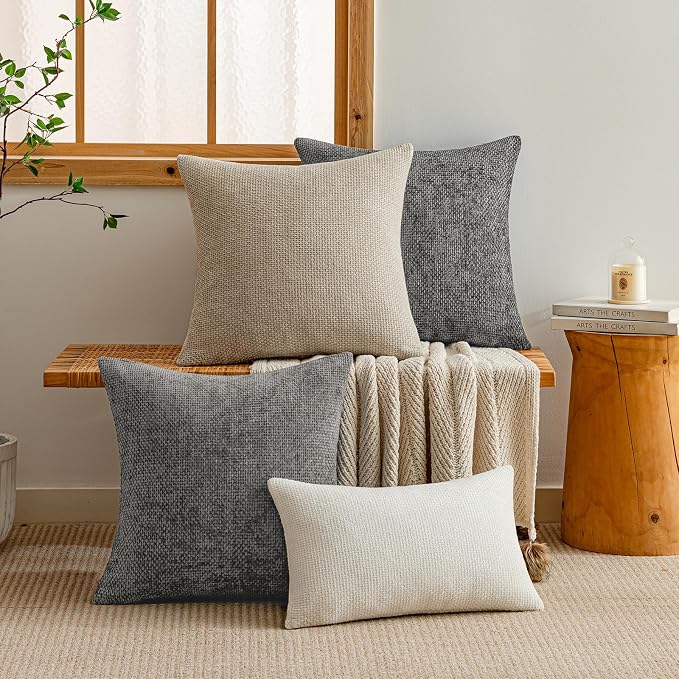 a moment Dark Gray Chenille Throw Pillow Covers 24x24 Inch Pack of 2 Modern Decorative Throw Pillow Cases Farmhouse Cross Covers Home Decor for Sofa Bedroom Living Room
