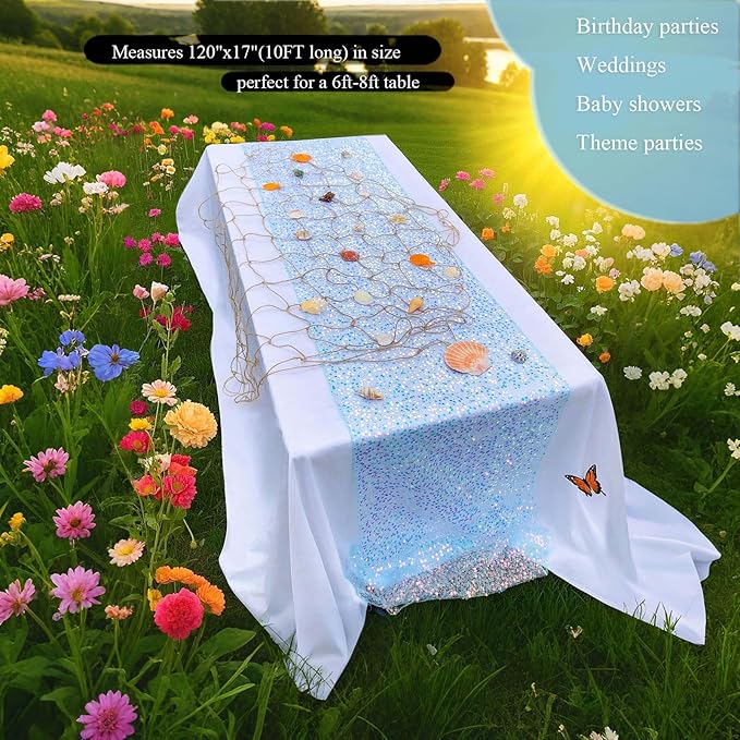 Blue Sequin Table Runner 10Ft 2Packs, Perfect for 6 - 8 Ft Tables, Iridescent Table Runner 120" x 17" for Wedding Baby Shower Birthday Decorations
