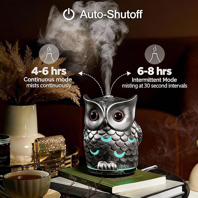 Alieye Ceramic Essential Oil Diffuser, 200ML Handcrafted Ceramic Owl Ultrasonic Cool Mist Aromatherapy Humidifier with 7 Colors LED Waterless Auto Shut Off for Home Office Yoga, Gifts for Mom, Sliver