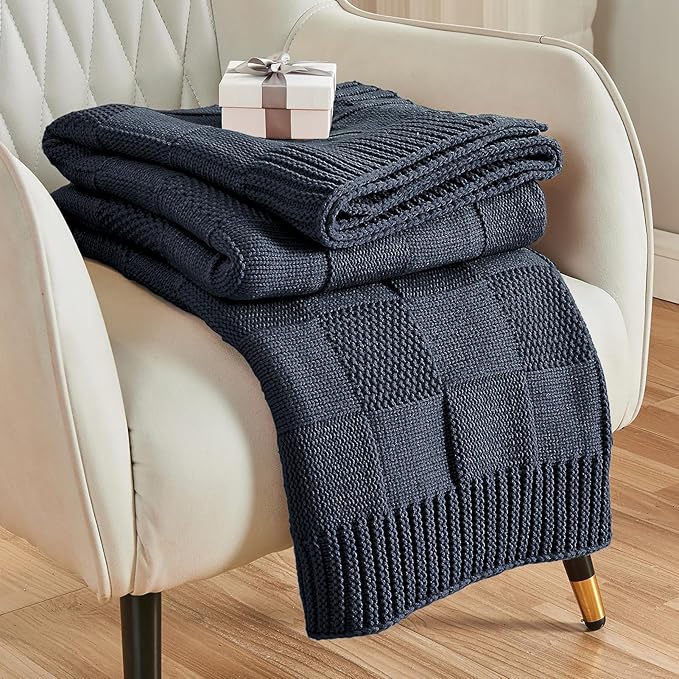 CozeCube Navy Blue Knitted Checkered Throw Blanket 60"X80" | Check Knit Throw for Couch, Decorative Christmas Soft Cozy Warm Blanket for Bed Sofa Living Room