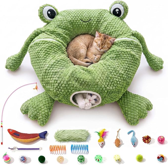 Cat Tunnel Bed with 20 Cat Toys,Kitten Toys for Indoor Kittens,Green
