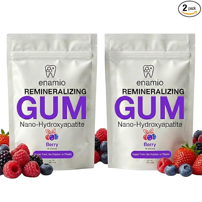 Enamio Berry Remineralizing Gum, Sugar Free Xylitol Gum with Nano Hydroxyapatite, Supports Fresh Breath and Oral Health, Chicle Tree Sap Base, Made in USA, No Sucralose or Aspartame, 2 Pack