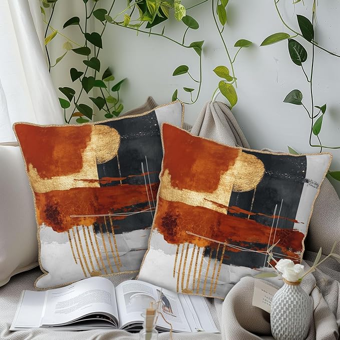 Retro Burnt Orange Gold Velvet Pillow Covers 20x20 Inch Abstract Rust Gray Black Throw Pillows For Couch Cushion Covers Pillowcase Rustic Farmhouse Pillow Cases for Sofa Bed Living Room Outdoor