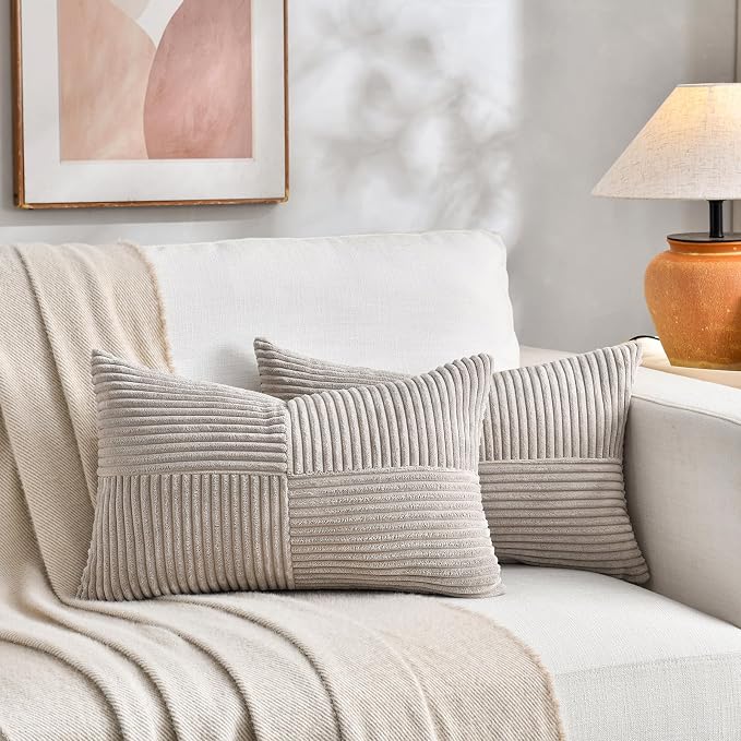 Fancy Homi Taupe Lumbar Decorative Throw Pillow Covers 26x16 Inch for Living Room Couch Bed Sofa, Farmhouse Home Decor, Soft Striped Corduroy Rectangle Accent Cushion Case 40x65 cm