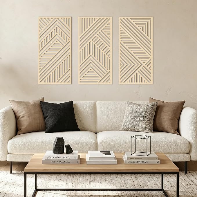 IARTTOP Large Boho Wood Wall Art 16x32 Inch Mid Century Modern Wooden Wall Decor Minimalist Abstract Geometric Artwork for Living Room Office Set of 3