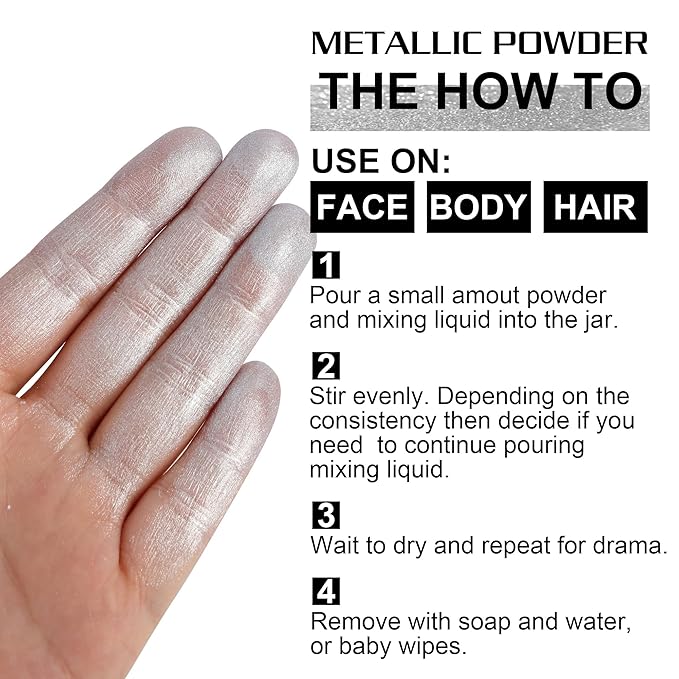CCbeauty Silver Makeup Metallic Powder, Silver Metallic Chrome Powder For Face & Body Paint with Mixing Liquid, Shimmer Face Painting Kit For Halloween Costume Cosplay, Professional SFX Makeup Kit