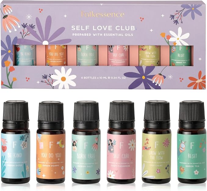 Folkulture Essential Oils Set | 6 Relaxing Fragrance Oils for Diffusers | Green Tea, Cashmere, Ocean Salt | Aromatherapy Gift Set for Her, Him | Graduation Gifts | Self-Care Lovers | Self Love Club