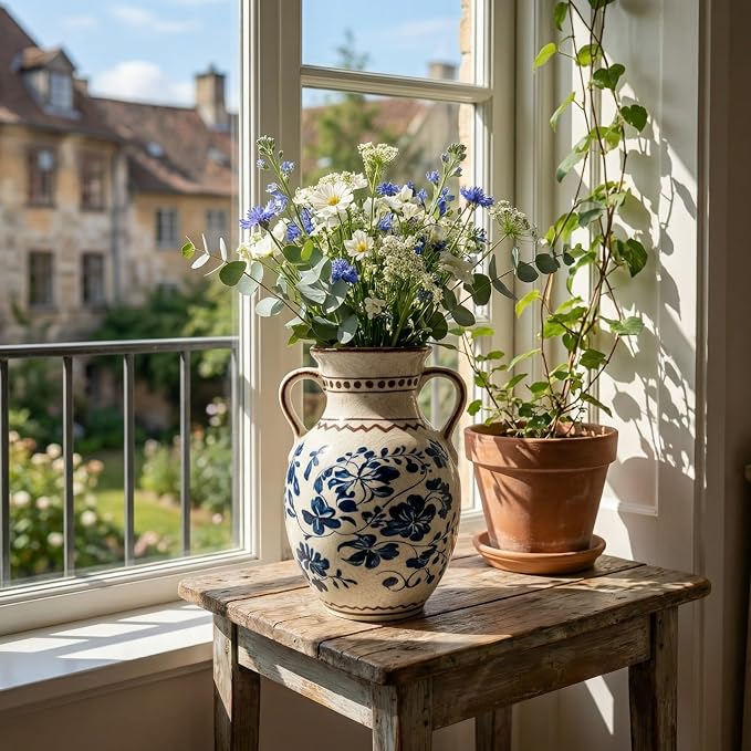 EFISPSS Ceramic Vintage Vase,Spring Decor Unique Chinese Crackle Floral Handle for Dining Room Mantle Living Room,Blue