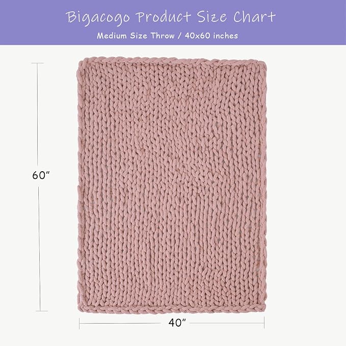 Bigacogo Chunky Knit Throw Blanket for Couch, 40x60 inches, Dusty Pink | Hand Knit with Jumbo Chenille, Soft Breathable Cable Knit for Sofa Bed Living Room, Machine Washable, Gift for Mom Friend
