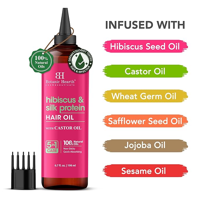 Botanic Hearth Hair Oil for Hair Growth & Hair Treatment Oils | Strengthening Dry, Frizzy, Damaged Hair & Scalp Treatment | Hibiscus Silk Protein Hair Oil – 6.7 Fl Oz