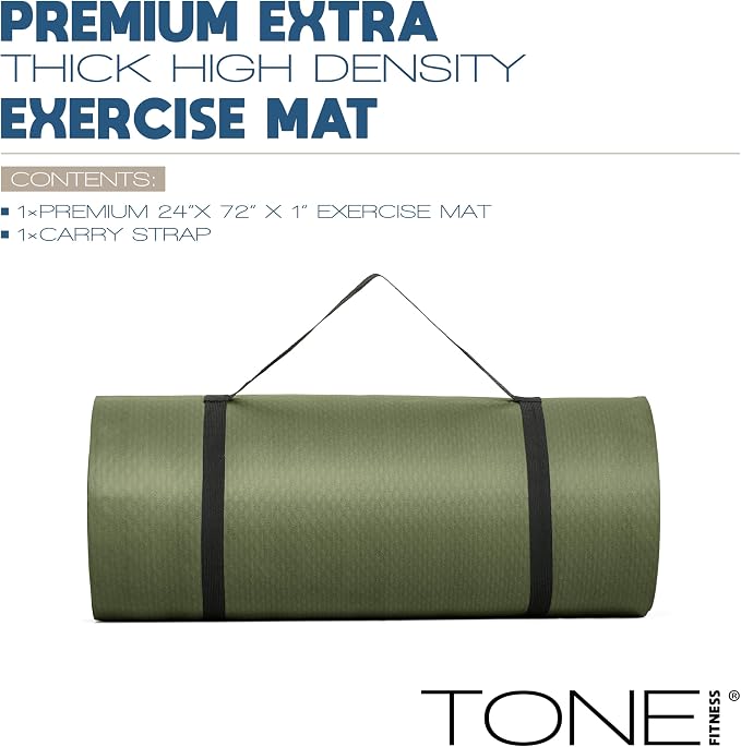 Tone Fitness 1-Inch Thick Yoga Mat | High-Density, Non-slip Exercise Mat with Carrying Strap for Yoga, Pilates, & Home Gym Workouts | Multiple Options