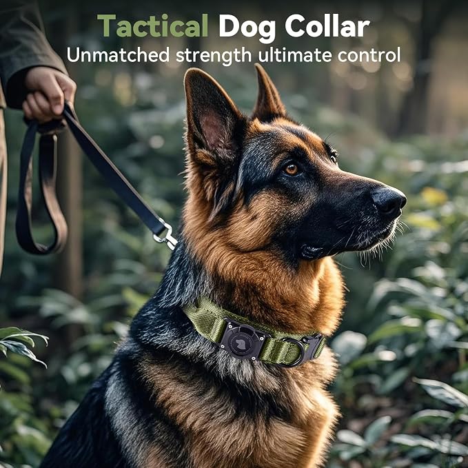 2026 Upgrade Waterproof Tactical AirTag Dog Collar, Built in AirTag Holder | Comfortable Control Handle, Quick Release Metal Buckle, Durable 1000D Nylon, For Medium to Large Dogs, Army Green, XL