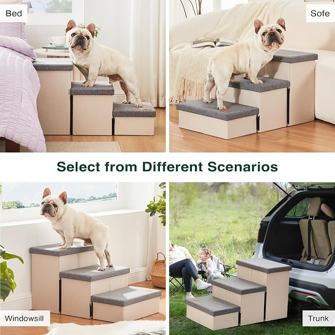 Love's cabin Dog Stairs for High Bed, Foldable Pet Stairs for Small Medium or Large Dogs Puppy with Storage for Bed or Couch, Cat Dog Steps Ramp with Zip up to 200 lbs, Light Grey, 3 Steps