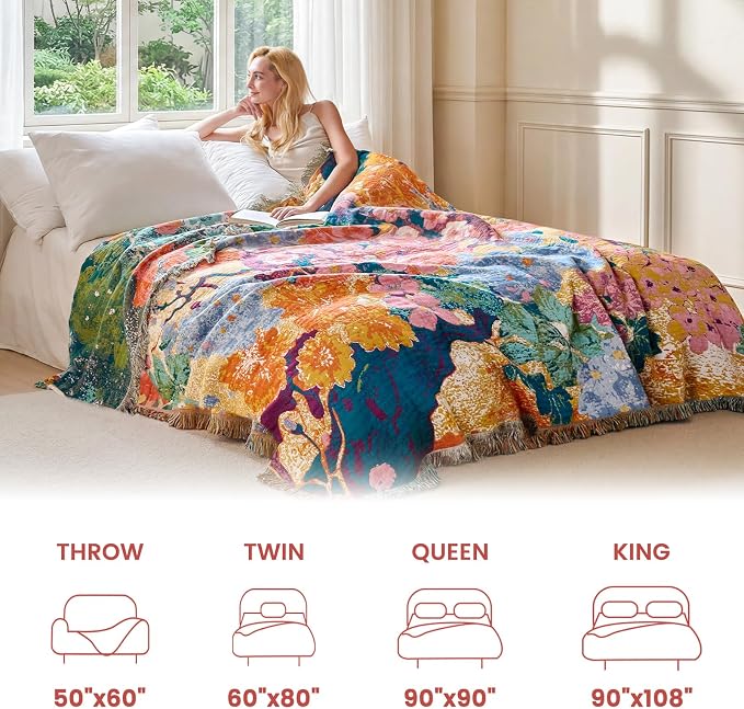 MSGKV Boho Throw Blanket 60"x80" Cotton Floral Blanket for Couch & Sofa | 60"x80" Cotton Floral Throw, Muslin Blanket, Summer Breathable, Farmhouse Decor, All Season Comfort, Machine Washable