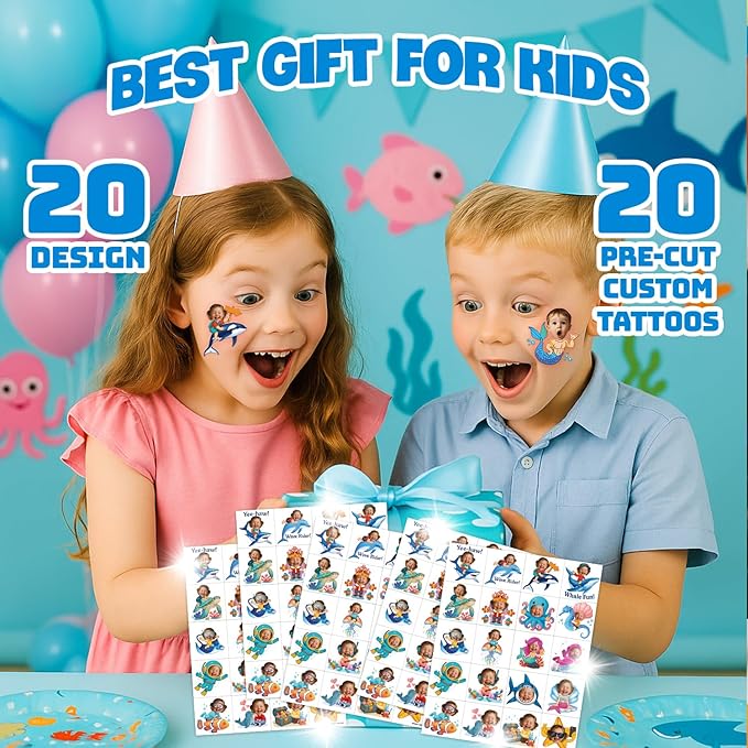 Custom Ocean Temporary Tattoos for Kids - Personalized Pre-Cut Face Photo Tattoos - Fun Birthday Party Favors for Boys Girls, Ocean Lovers - Set of 20 Unique Celebration Gifts