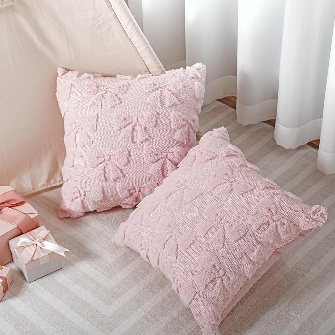 Mixweer Pink Bow Pillow Covers Set of 2 Preppy Room Decor Coquette Cute Spring Summer Decorative Faux Fur Soft Bowknot Stuff Fluffy Plush Aesthetic Pillowcase for Bed Sofa Couch (18 x 18 Inch)