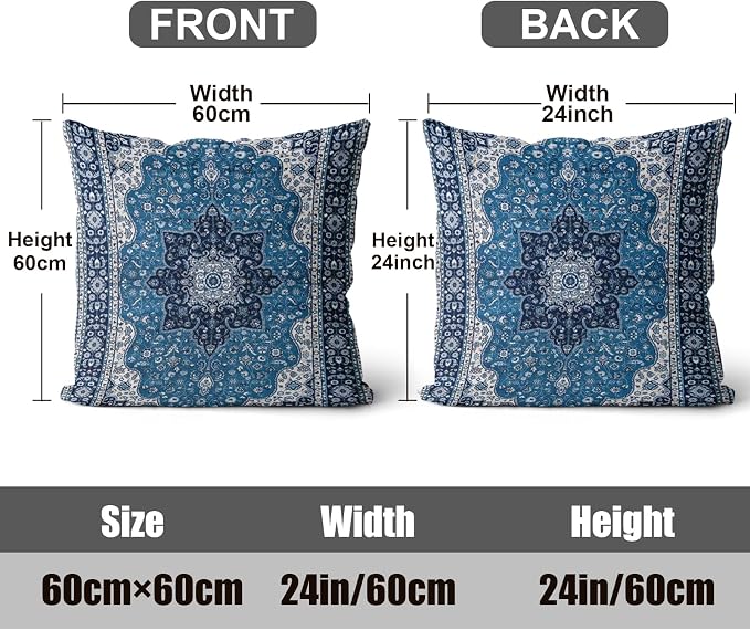 Boho Throw Pillow Covers 24x24 inch Set of 2,Soft Pillowcases Bohemia Carpet Printing Pattern Decorative Sofa Living Room Bed Square Pillow Case Cushion Cover-Blue