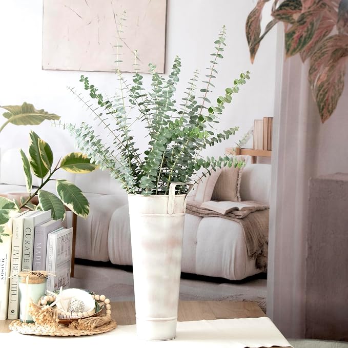 Galvanized Metal Floral Vases with Handles Set of 2 (Rustic White)