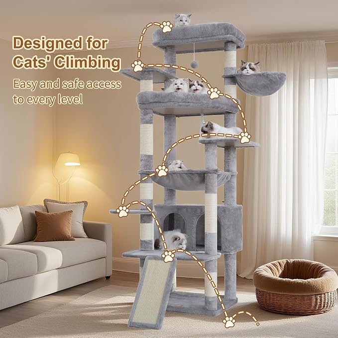Heybly Tall Cat Tree for Large Cat, 80-inch Multi-Level Cat Tower HCT038W | Condo Furniture for Indoor Cats with Large Baseboard, 2 Widened Plush Perches, Scratching Board, Big Caves, Light Gray