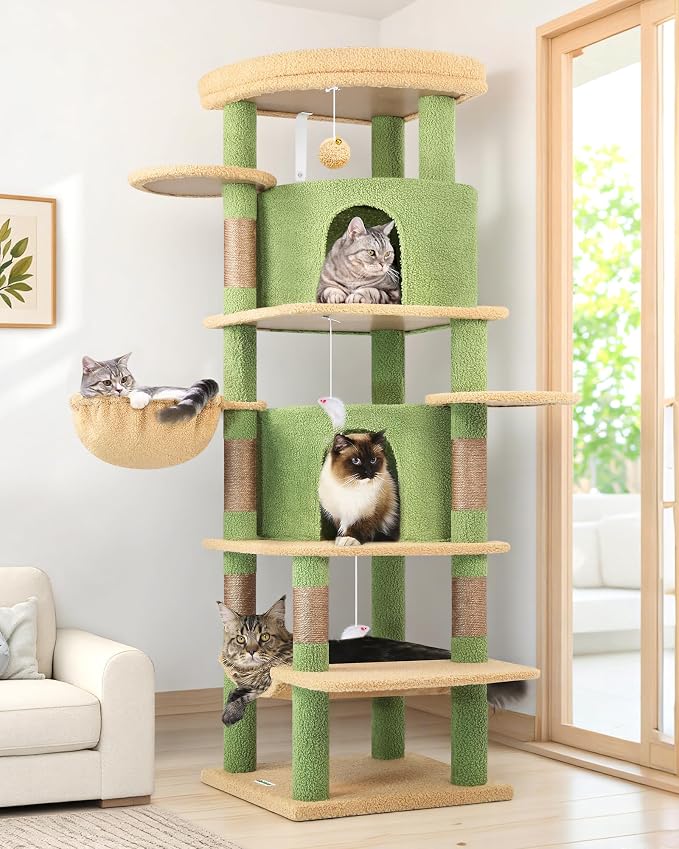 Globlazer 66in Cactus Corner Cat Tree for Indoor Large Cats, C66, Green | Space-Saving Stable Green Cat Tower with 6 Scratching Posts, 2 Large Fan-shaped Condos & Top Perch, Hammock, Climbing Steps