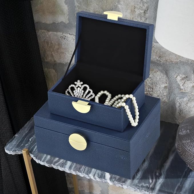 HofferRuffer Faux Leather Jewelry Boxes, Decorative Boxes Storage Accessory Organizer with Gold Hardware Decor, Classic Vegan Leather Set of 2 Pieces (Navy Blue)