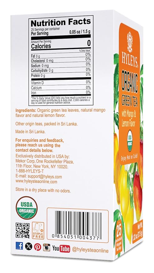 Hyleys Organic Green Tea Mango and Lemon Flavor - 25 Tea Bags (Pack of 2)
