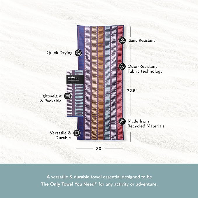 Nomadix Original Towel - Perfect for Beach, Pool, Travel, Camping, Yoga - Made with Recycled Materials - Super Absorbent - Sand Resistant - Switchback Multi - 72.5x30