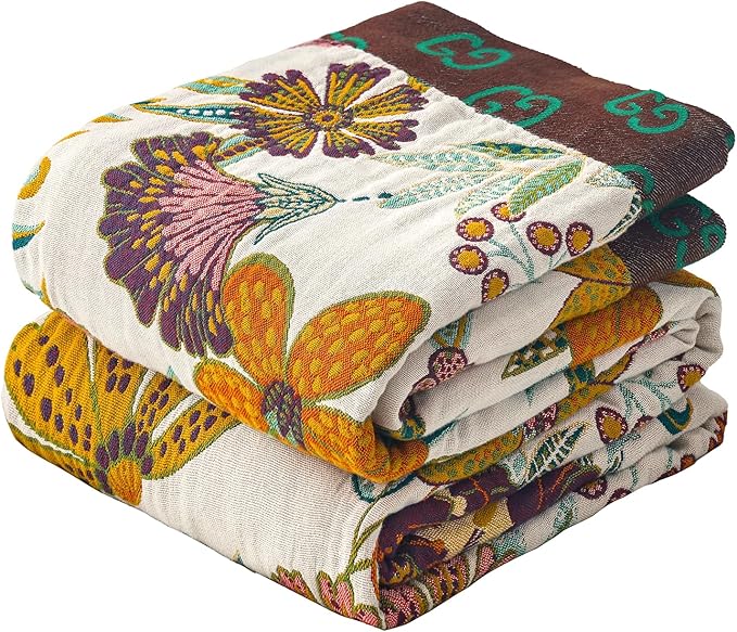 VANJOROY King Boho Throw Blanket for Bed, 100% Cotton Muslin Soft Throw-Floral Farmhouse Rustic Decor Blanket for Couch Sofa Quilt and Gift, 91" x 98"-BeigeWhite