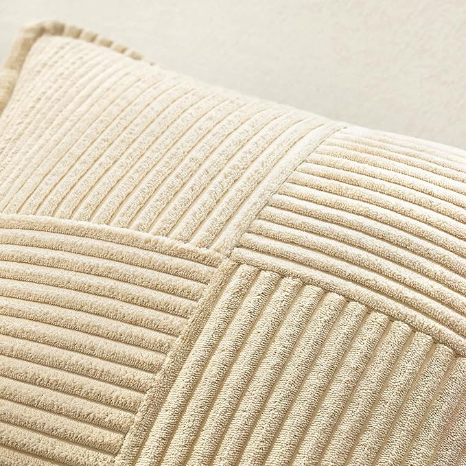 MIULEE Decorative Throw Pillow Covers for Couch 16x16 Inch Cream 2 Pack | Boho Broadside Striped Patchwork Pillow Covers, Soft Corduroy Cushion Cases, For Sofa Bed Livingroom Home Decor