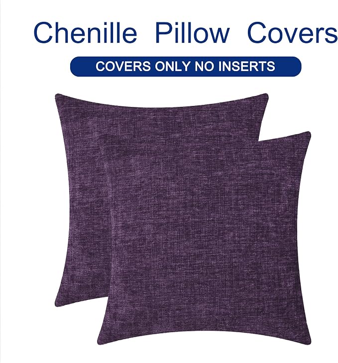 CaliTime Decorative Couch Throw Pillow Covers 16 X 16 Inches Plum Purple | Pack of 2, Cozy Chenille Cushion Cases for Sofa Bed Living Room Farmhouse Home