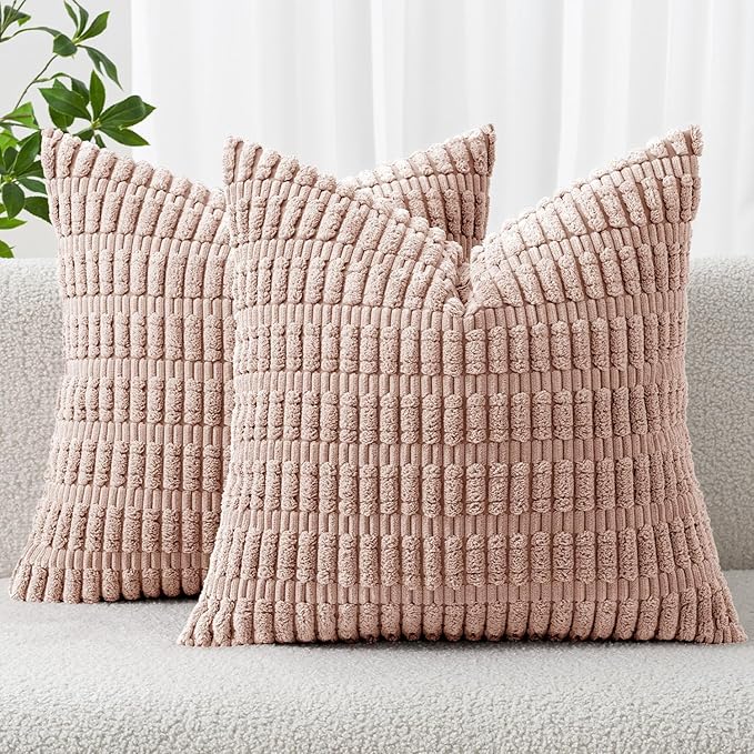 MIULEE Corduroy Decorative Throw Pillow Covers 18x18 Pink Pack of 2 | Soft Boho Striped Pillow Covers Modern Farmhouse Home Decor For Sofa Living Room Couch Bed