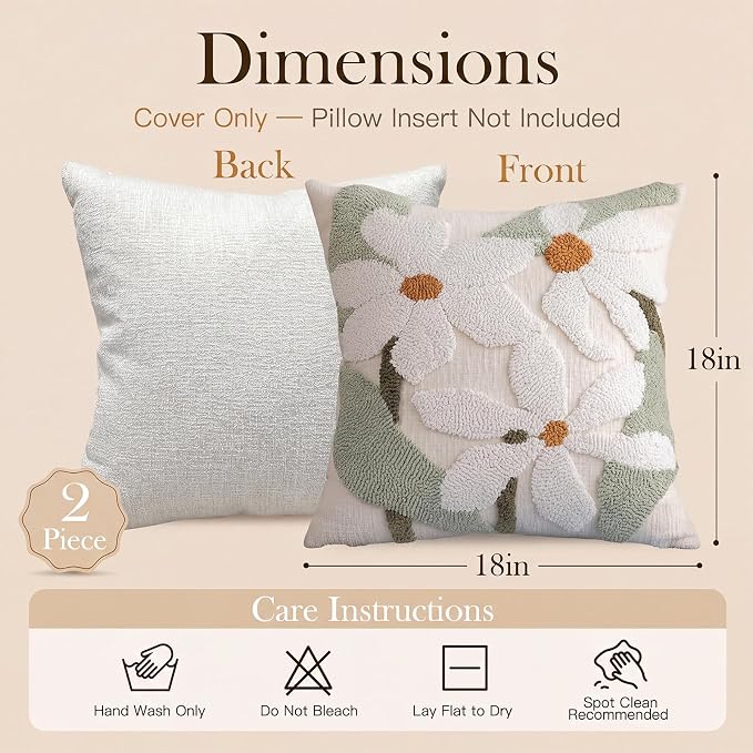 Summer Daisy Throw Pillow Covers 18x18 Inch Set of 2, Chenille Embroidered Pillowcase with 3D Tufted White Flowers Sage Green Leaves, Boho Decorative Cushion Covers for Couch Sofa Bed