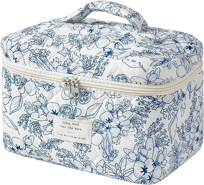 uekeboag Large Travel Quilted Makeup Bag for Women, Floral Cotton Cosmetic Bag, Coquette Aesthetic Floral Toiletry Organizer Bag
