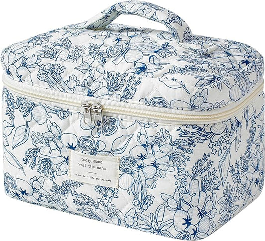 uekeboag Large Travel Quilted Makeup Bag for Women, Floral Cotton Cosmetic Bag, Coquette Aesthetic Floral Toiletry Organizer Bag